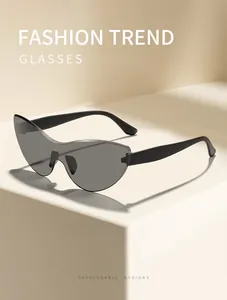 Macro detail showing rimless cat-eye sunglasses featuring grey gradient lenses and black temples