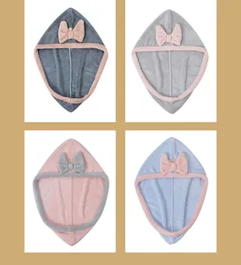 Collection of thickened absorbent dry hair caps in four pastel color variants with bows