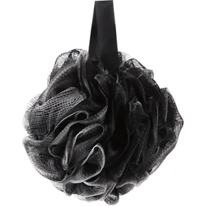 Large soft black bath ball shower sponge loofah with hanging ribbon for exfoliating