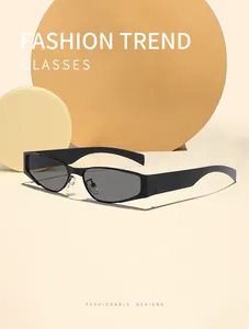 Macro view of narrow metal frame sunglasses with a trendy black hip-hop style design