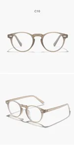 Detail of round frame glasses in translucent grey with silver rivet accents