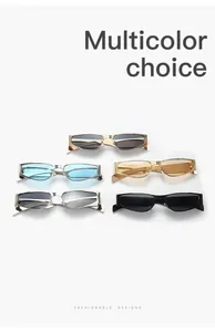 Detailed shot of trendy narrow metal frame sunglasses available in five colors