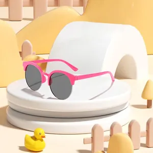 Stylische rosa runde Halbrand-Sonnenbrille für Kinder mit schützenden grauen Gläsern