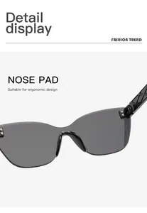 Detailed view of the ergonomic nose pad design on rimless irregular cat-eye sunglasses