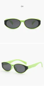 Detailed front and angle views of neon green children's cat-eye sunglasses with dark lenses