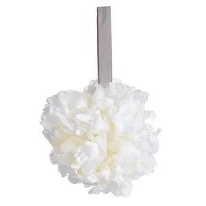 Large soft white bath loofah sponge with grey hanging ribbon for gentle skin exfoliating