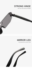 Detail view of rimless aviator sunglasses showing strong hinge and comfortable legs.