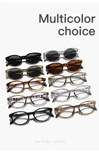 Detailed view of casual cat-eye sunglasses and clear frames in a variety of trendy colors