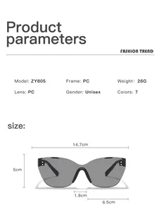 Detailed dimensions and specifications for irregular rimless cat-eye sunglasses.