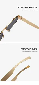 Close-up of durable metal hinge and comfortable mirror leg of narrow frame sunglasses