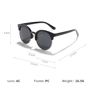 Runde Kindersonnenbrille mit Halbrandgestell aus Metall und detaillierten Maßangaben