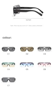 Detailed chart of rimless pilot shield sunglasses showing 14.7cm width and seven color variants