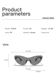 Detailed product specifications and dimensions for retro cat-eye rimless sunglasses ZY610