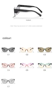 Detail view of rimless cat-eye sunglasses with 14.6cm width and 7 color options