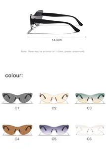 Detail view of rimless gradient cat-eye sunglasses showing 14.3cm width and 6 color options