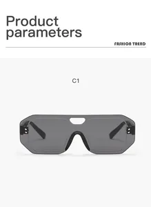 Detail view of grey rimless shield sunglasses featuring a modern aviator design for unisex