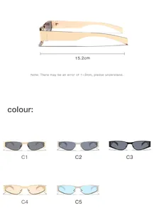 Detailed view of metal narrow frame sunglasses with 15.2cm width and five color options.