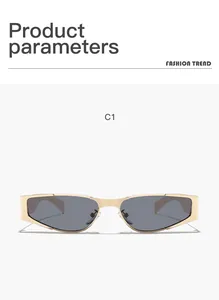 Close-up front view of stylish gold metal narrow frame sunglasses with dark gray lenses