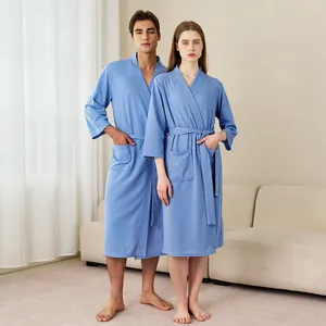 Peignoir léger en nid d'abeille bleu clair pour couple pour le printemps-été
