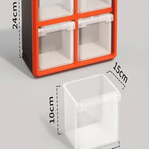 Vista dimensional de la caja de almacenamiento naranja con cajones para componentes