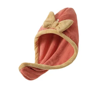 Soft coral microfiber hair drying towel turban with bow and button closure
