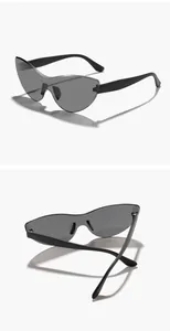Detailed views of rimless gradient cat-eye sunglasses in a minimalist retro style.