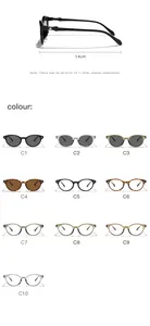Detailed view of cat-eye sunglasses frames with 14cm measurement and 10 color options