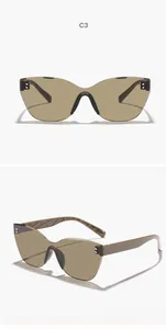 Side and front view of rimless irregular cat-eye sunglasses with silver rice nails
