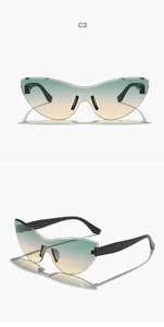 Two views of vintage rimless cat-eye sunglasses with teal and peach gradient lenses