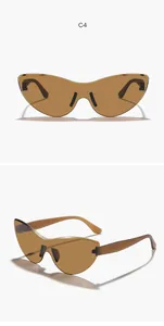 Detailed side and front view of stylish retro brown rimless cat-eye sunglasses for women