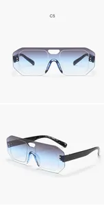 Front and side views of oversized rimless aviator sunglasses with blue gradient lenses