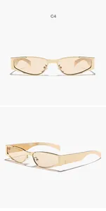 Detailed front and side views of metallic gold narrow frame sunglasses for street style