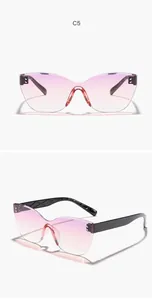Detail views of rimless cat-eye sunglasses with gradient pink lenses and woven temples