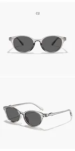 Front and side angle views of transparent grey cat-eye sunglasses with dark grey lenses.