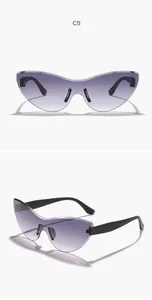 Detail view of rimless gradient cat-eye sunglasses shown from front and side angles