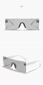 Detalle de gafas de sol rectangulares sin montura con lente gris de una pieza y patillas blancas.