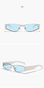 Modern narrow metal frame sunglasses with light blue lenses for unisex street style