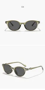 Detailed view of translucent olive green cat-eye sunglasses with dark lenses