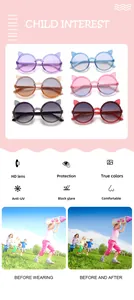 Detail view of round cat ear sunglasses for kids featuring UV protection and jelly colors