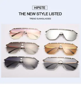Detail view of oversized one-piece fashion sunglasses in various gradient lens colors.