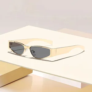 Fashionable gold metal narrow frame sunglasses with dark grey lenses for stylish streetwear