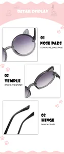 Detailed view of nose pads, hinges, and temples for cat-ear round sunglasses for kids