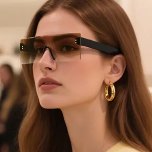 Gafas de sol rectangulares retro sin montura con lentes degradadas marrones para moda