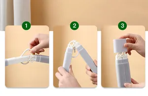 Three-step sequence demonstrating the folding mechanism of a portable travel hanger