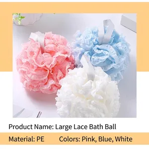 Set di tre grandi spugne da bagno in pizzo morbido nei colori rosa, blu e bianco pastello