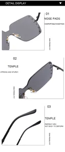 Detailed views of rimless rivet sunglasses with comfortable nose pads and temples