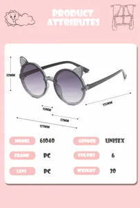 Detailed dimensions of children's round sunglasses with cute cat ears and glitter lenses