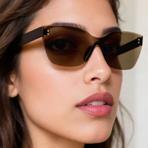 Chic rimless irregular cat-eye sunglasses with dark tea lenses and silver rivet accents