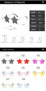 Specifiche, guida alla vestibilità e 8 colori per occhiali da sole a stella senza montatura.