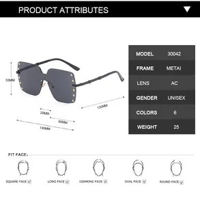 Detailed size chart and specifications for these oversized rimless rivet sunglasses